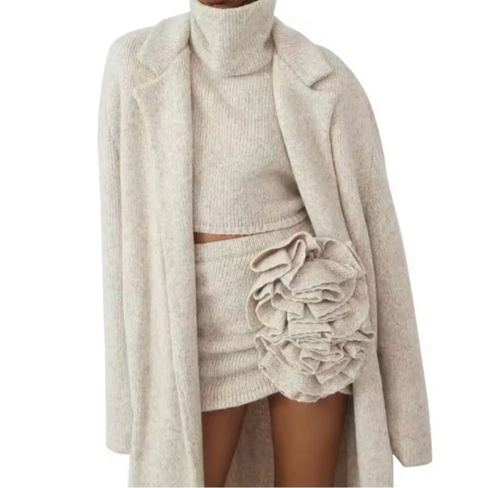 Three Piece Set For Women Lapel Long Sleeve Coat High Neck Vest High Waist